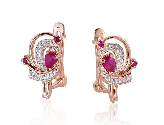 Zelta auskari ar rubīniem un briljantiem, 585° sarkanais zelts, “angļu” slēdzējs