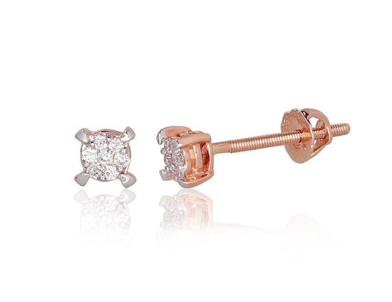 Zelta auskari–nagliņas ar skrūvēm un briljantiem, 585° sarkanais zelts, rodija pārklājums