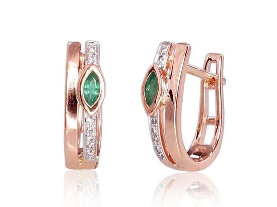Zelta auskari ar smaragdu un briljantiem, 585° sarkanais zelts ar rodija pārklājumu, “angļu” slēdzis