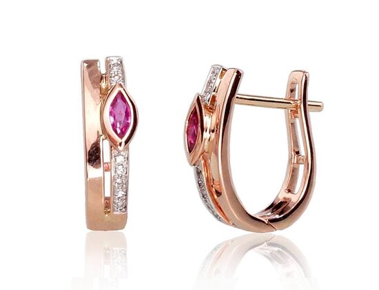 Zelta auskari ar rubīnu un briljantiem, “angļu” slēdzējs – 585° sarkanais zelts ar rodija pārklājumu