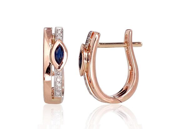 Gold Earrings with Sapphire and Diamonds, 585° Red Gold with Rhodium Plating, English Lock
