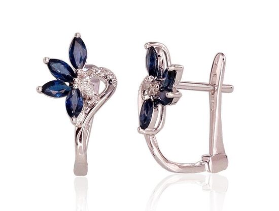 Safīra un briljanta zelta auskari ar “angļu” slēdzēju, Baltais Zelts 585°