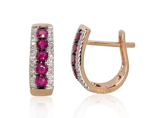 Zelta auskari ar rubīniem un briljantiem, 585° sarkanais zelts, “angļu” slēdzējs
