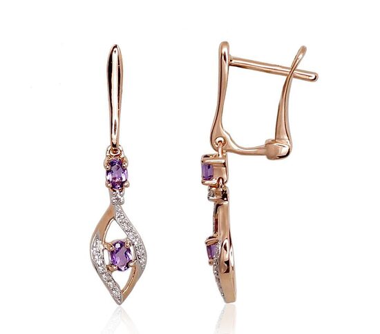 Auksiniai auskarai su ametistais ir deimantais, 585° raudonas auksas, su “anglišku” užsegimu