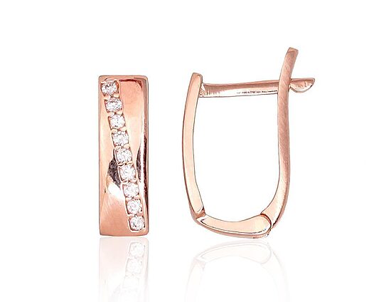 585° Red Gold Earrings with “English” Lock and Cubic Zirconia