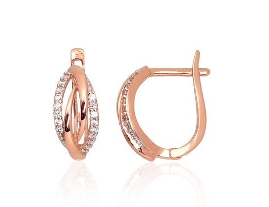 Золотые серьги с английским замком и цирконами, красное золото 585° (родий)