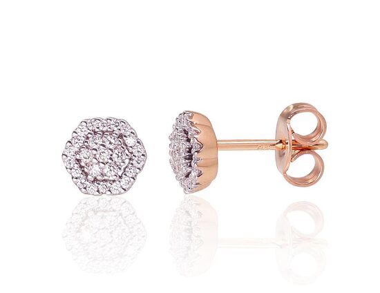 Gold Stud Earrings with Diamonds, Red Gold 585°, Rhodium Plating