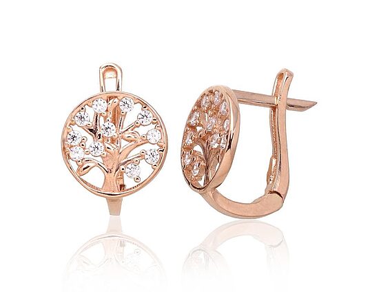 585° Red Gold Earrings with “English” Lock and Cubic Zirconia