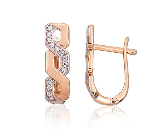 Red Gold Earrings with “English” Lock, Cubic Zirconia and Rhodium Plating