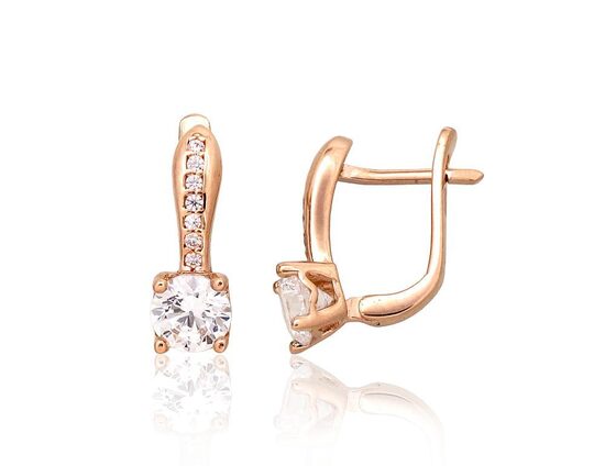 Золотые серьги с английским замком 14 мм, Красное Золото 585°, цирконы