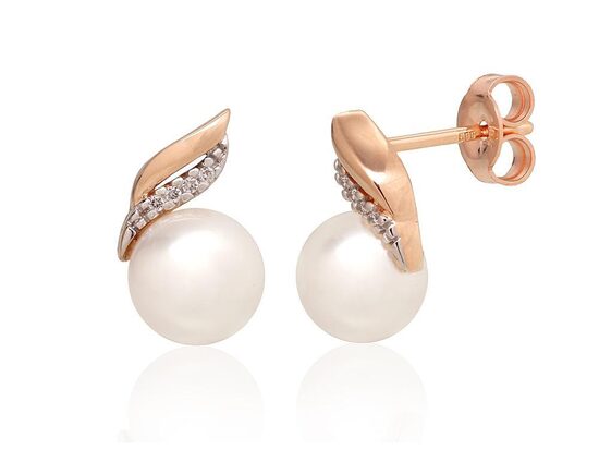 Zelta auskari-nagliņas ar briljantiem un pērlēm, 585° sarkanais zelts, 13 mm