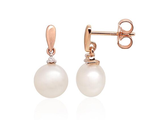 Zelta auskari-nagliņas ar briljantiem un pērlēm, 585° sarkanais zelts ar rodija pārklājumu, 17 mm