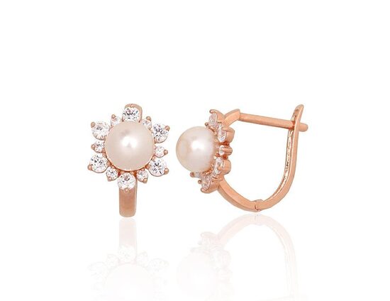 Золотые серьги с английским замком, жемчуг и цирконы, красное золото 585°