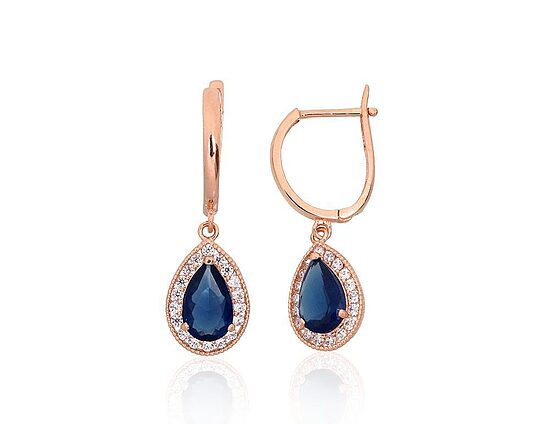 585 Red Gold Earrings with English Lock and Sapphire-Coloured Zircons