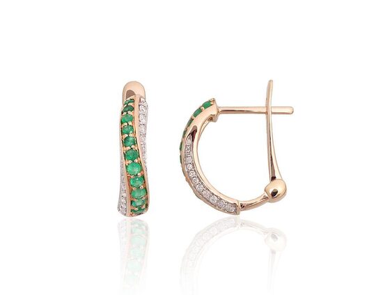 Zelta auskari ar “angļu” aizdari, briljantiem un smaragdiem, 585° sarkanais zelts, rodijs