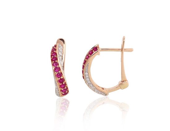 Золотые серьги с английским замком, бриллианты и рубины, 585° красное золото, родий