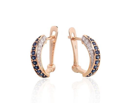 Zelta auskari ar “angļu” aizdari, briljantiem un safīriem, 585° sarkanais zelts, rodijs