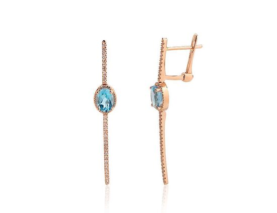 Zelta auskari ar angļu slēdzi, 585° sarkanais zelts, briljanti un zilais topāzs