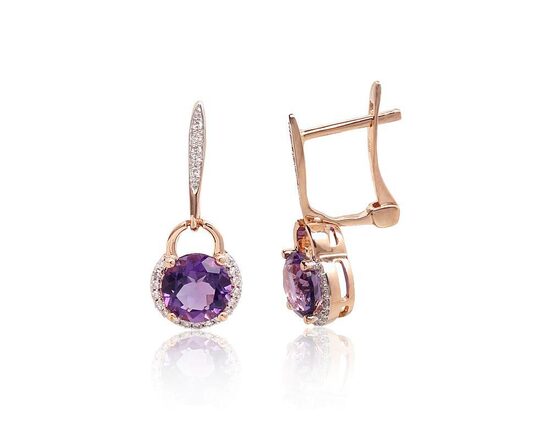 Gold Earrings with Leverback, Amethyst & Diamonds, 585 Red Gold
