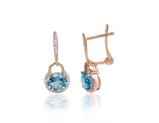 Zelta auskari ar briljantiem un zilo topāzu, Sarkanais zelts 585°, rodija pārklājums, “angļu” slēdzis