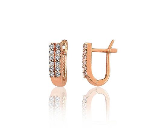 Золотые серьги с цирконами и английским замком, 585° красное золото