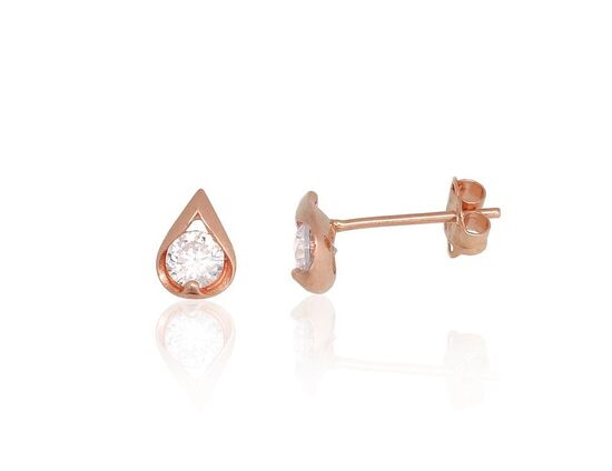 Gold Stud Earrings with Zirconia “Drop”, 585 Rose Gold