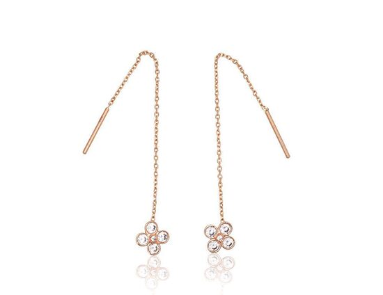 Длинные золотые серьги с цирконами «Цветок», красное золото 585°