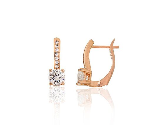 Red Gold Earrings with “English” Lock and Cubic Zirconia