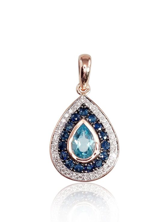 Золотой кулон с сапфиром, голубым топазом и бриллиантами, красное золото 585°, родиевое покрытие, 21 мм