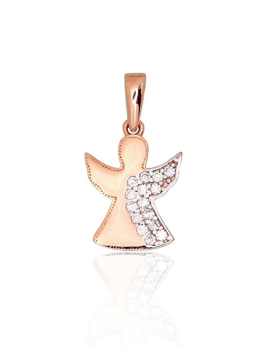 Women’s Gold Pendant “Angel” – Red Gold 585°, Rhodium, Zirconia, 0.88 g, 18 mm