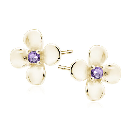 Kids Sterling Silver Flower Stud Earrings with Violet Zirconia – 14K Yellow Gold Plated