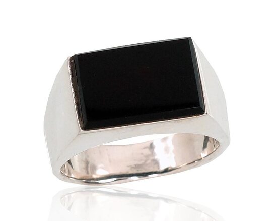 Men's Sterling Silver Ring with Natural Onyx – 925 Silver, Size 20.5