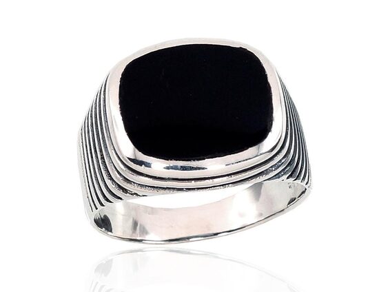 Men's Sterling Silver Ring with Natural Onyx – Oxidized 925 Silver, Size 19