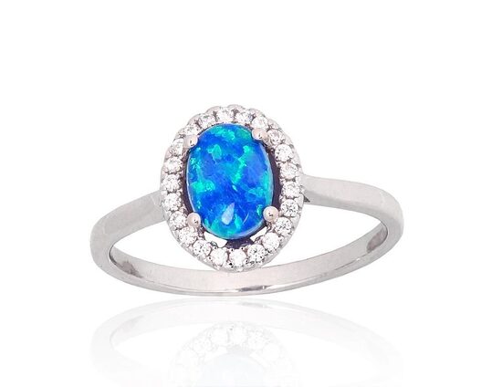 Sudraba gredzens ar zilo opalītu un cirkoniem, 17. izm.