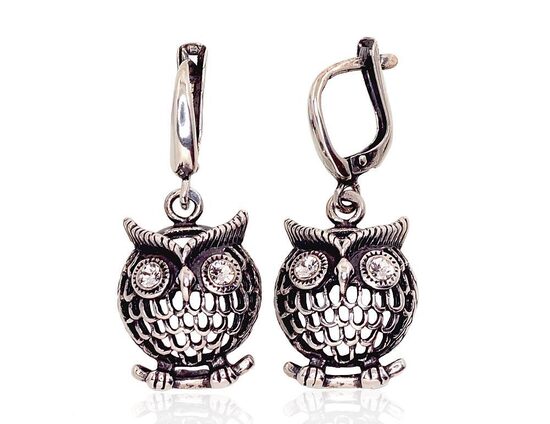 Silver Owl Earrings with Zirconia and English Lock, 925 Sterling Silver, Oxidized Finish, 33 mm