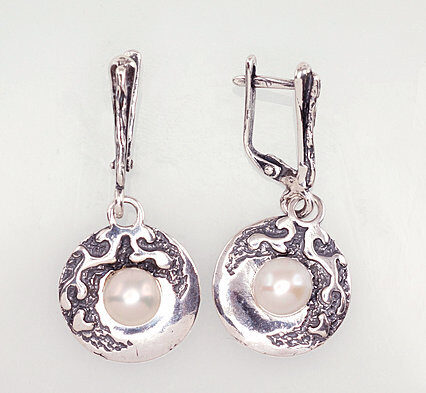 Silver earrings with pearls, English lock – 925 sterling silver with oxidized finish