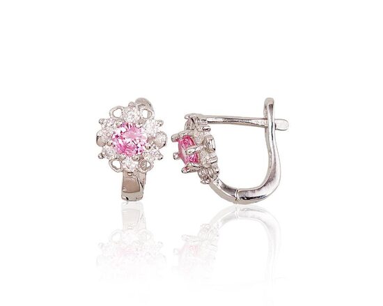 Серебряные серьги с розовыми цирконами, английский замок, серебро 925°