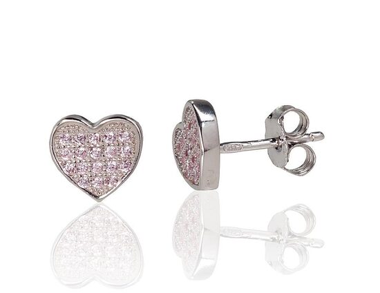 Sudraba auskari-nagliņas Sirds ar rozā cirkoniem, 925°, rodija pārklājums
