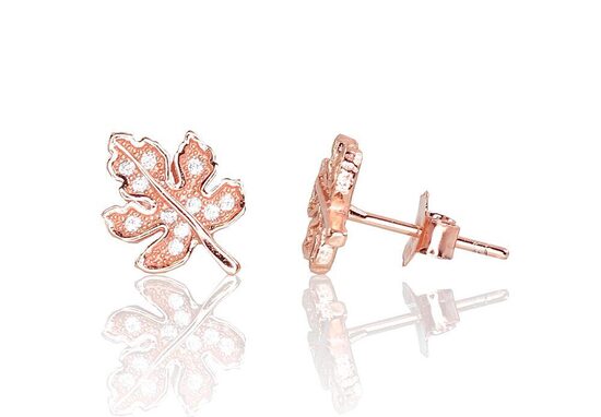 Sudraba auskari-nagliņas Lapa, 925° sudrabs, sarkanais zelts, cirkoni, 13 mm