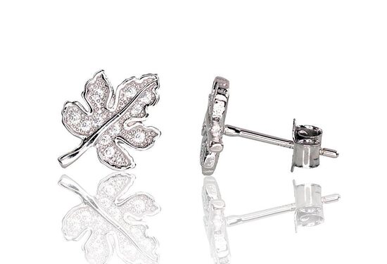 Sudraba auskari-nagliņas Lapa ar cirkoniem, 925°, rodija pārklājums