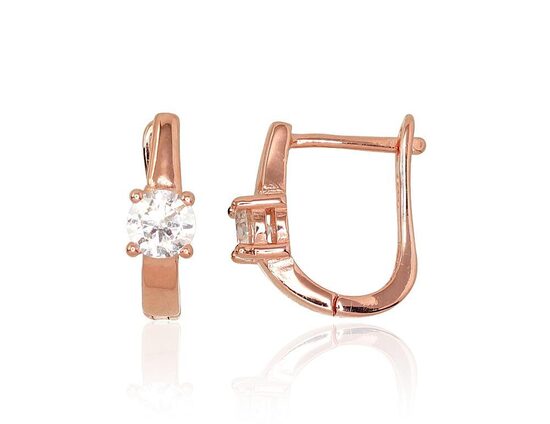 Silver Earrings with Zirconia, English Lock, 925 Silver, Red Gold, 16 mm