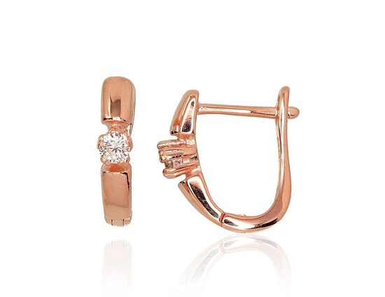 Silver Earrings with Zirconia, English Lock, 925 Silver, Red Gold, 16 mm