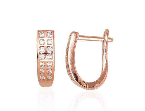 Silver Earrings with Zirconia, English Lock, 925 Silver, Red Gold, 15 mm