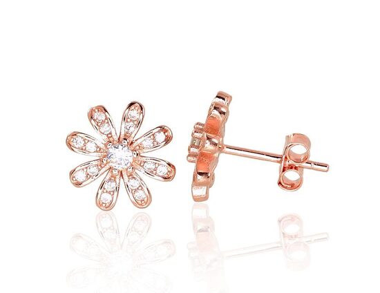 Silver stud earrings with zirconia “Flower”, 925 sterling silver, rose gold plated
