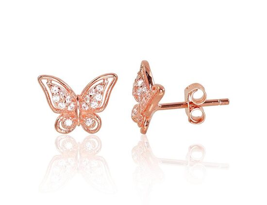 Vaikiški sidabriniai vinukai „Drugelis“, 925°, dengti rožiniu auksu, cirkoniai, 9 mm