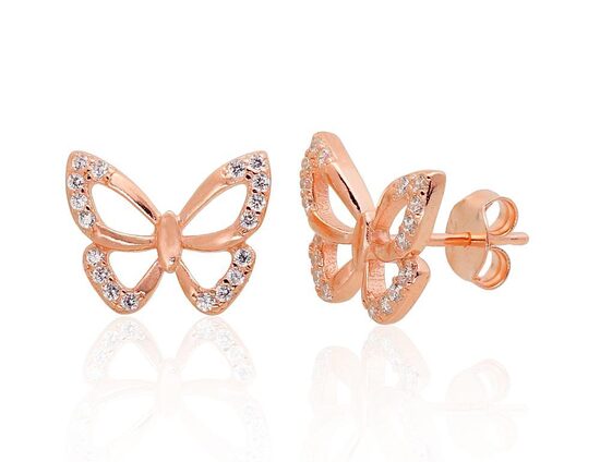 Серебряные серьги-гвоздики Бабочка с цирконами, серебро 925° с покрытием красным золотом