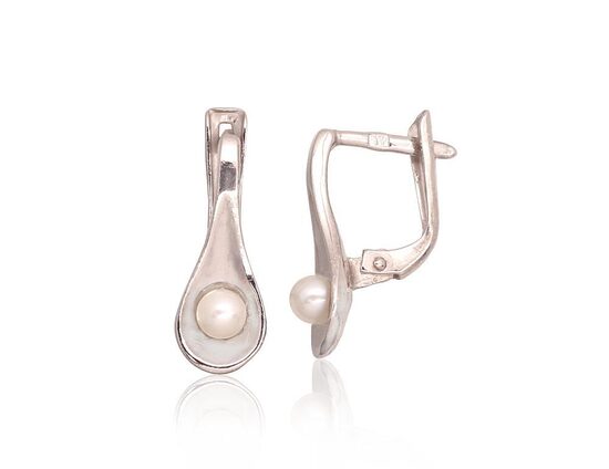 Silver earrings with pearls, English lock – 925 sterling silver with rhodium plating