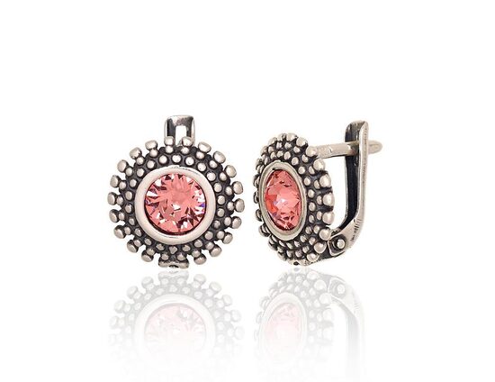 Silver earrings with crystals, English lock, 925 sterling silver, oxidized