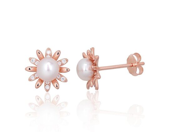 Silver Stud Earrings “Flower” with Pearl and Zircon, Sterling Silver 925°, Red Gold Plated