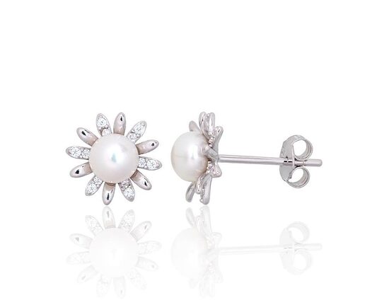 Silver Stud Earrings “Flower” with Pearl and Zircon, Sterling Silver 925°, Rhodium Plated